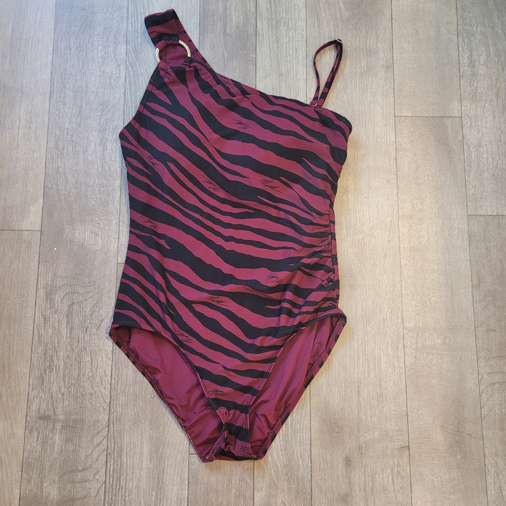 MICHAEL Michael Kors Black and Burgundy One-Shoulder Swimsuit